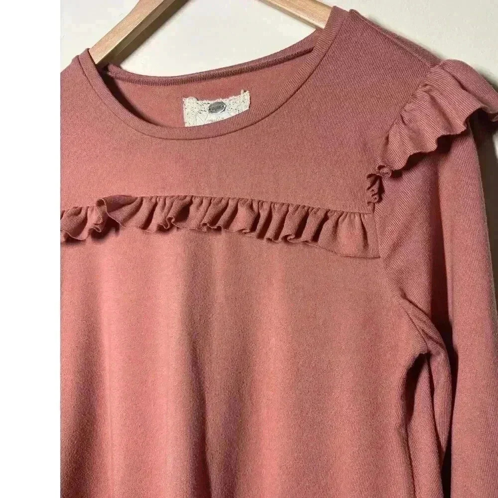 Victorian Ruffled Women L Deep Coral Top Chic Romantic Feminine Flowy - Picture 5 of 8